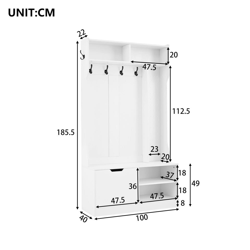 OKWISH Mobile da Ingresso con Panca, 6 Ganci, Vani Aperti e Scarpiera Ribaltabile, Bianco, 100 x 40 x 185.5 cm