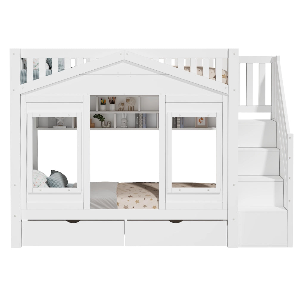 Letto a soppalco per bambini 90x200 cm con scala contenitore; finestra decorativa; parapetto; legno massello; bianco