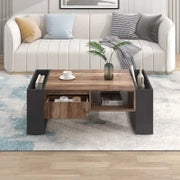 Tavolino in Legno Effetto Naturale con Cassetto Senza Maniglia, Scomparto Anteriore e Posteriore, Tavolino da Salotto Spazioso, Antracite, Nero + Grigio