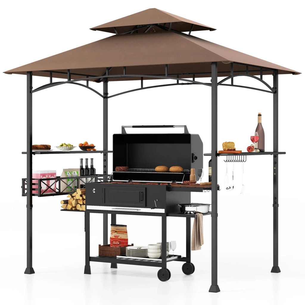 Gazebo per Barbecue da Giardino 8 x 5 Feet Marrone con 2 Ripiani Laterali e Ganci Resistente per Esterno