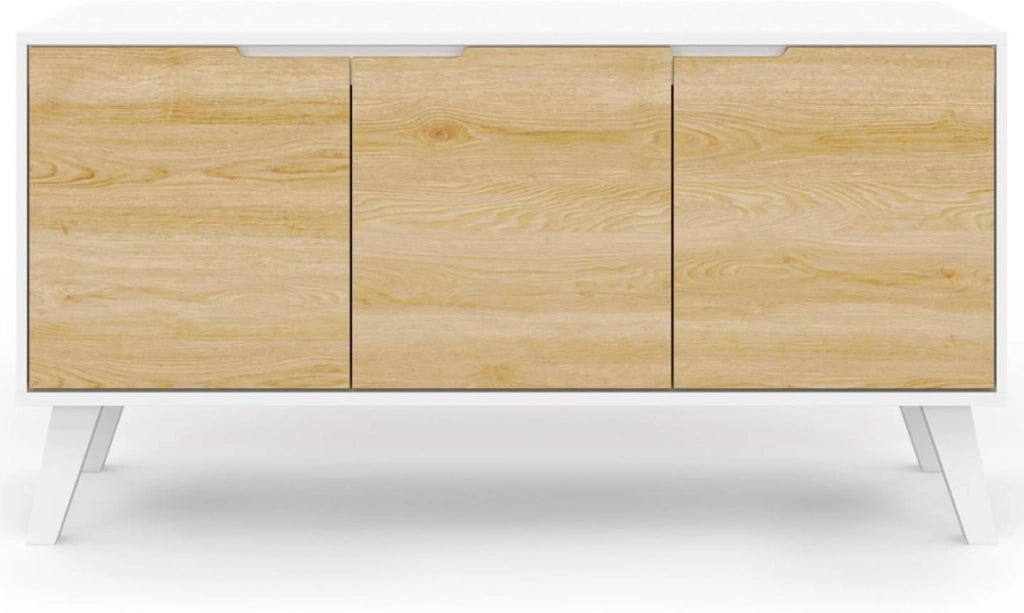 Credenza bassa scandinava 113 cm FINN bianco 3 ante effetto faggio