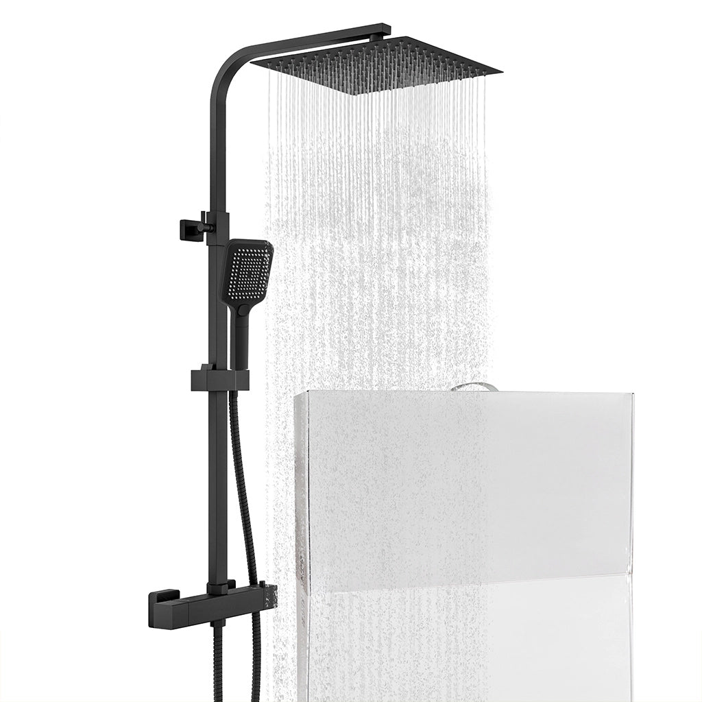 Colonna doccia quadrata completo di miscelatore termostatico rettangolo, soffione quadrato 30x30cm, nero