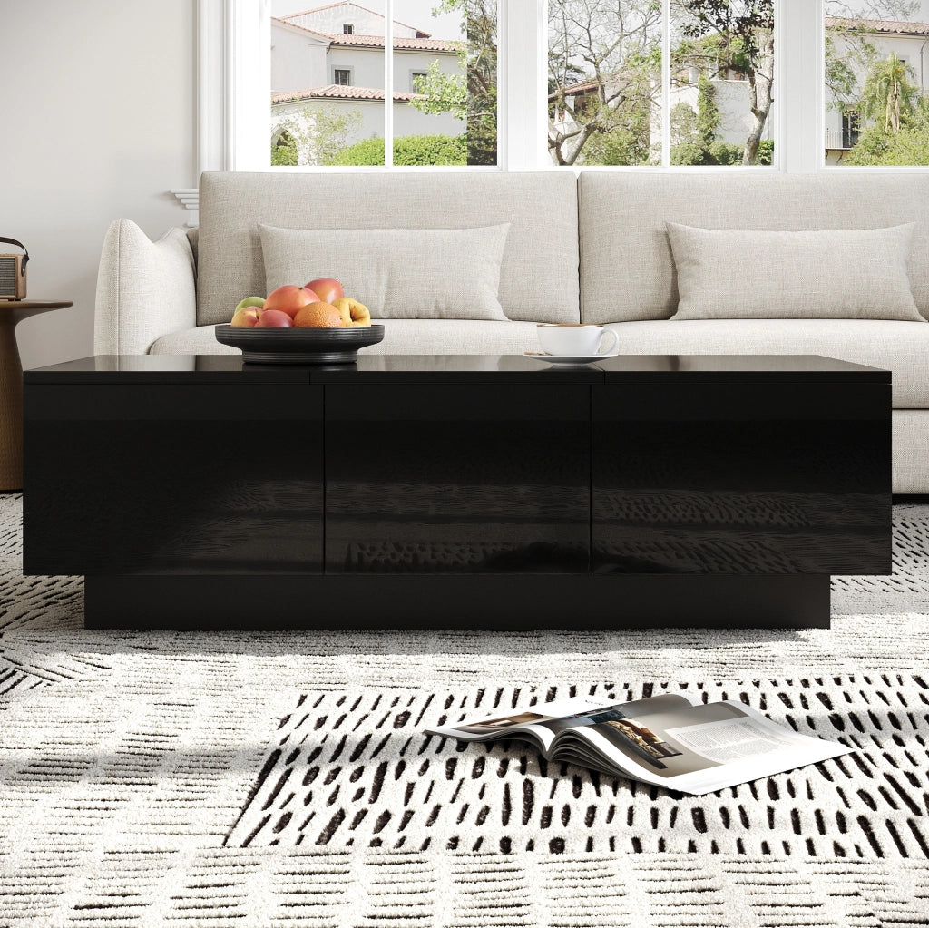 Tavolino da caffè moderno nero lucido 100x31x50 cm in truciolare e MDF con cassetti