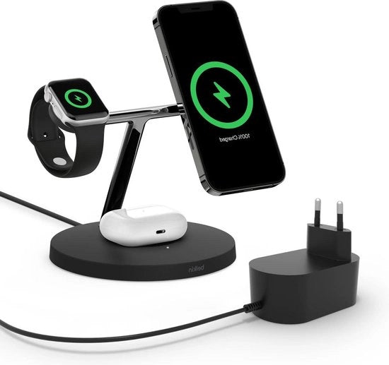 Caricatore 3 in 1 wireless per iPhone 15 + Apple Watch + AirPods - Nero - Stazione di ricarica veloce per iPhone 14 con 15 W