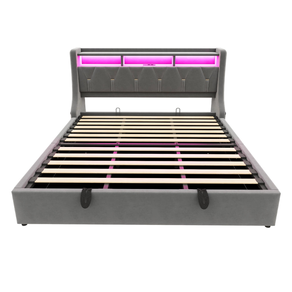 LETTO Contenitore 180x200 cm in velluto grigio con testiera reclinabile e LED