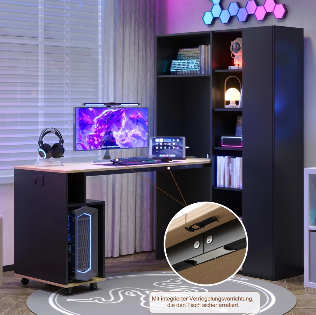 Scrivania pieghevole con libreria 104;5x30;5x160 cm in MDF nero e rovere; con presa EU e USB