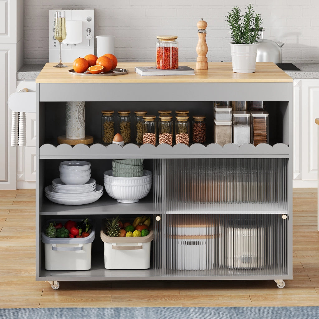 Isola Cucina Mobile 122x46/69x91 cm Grigia con Piano Ribaltabile, Ante in Vetro e 5 Ruote