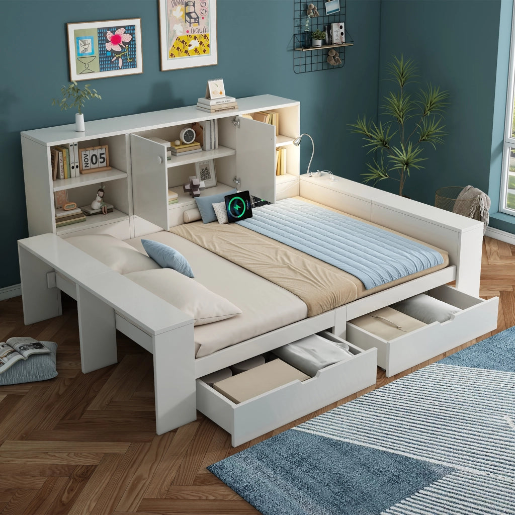 Letto contenitore 140x200cm bianco con cassetti, USB/Type-C, luce lettura, senza materasso