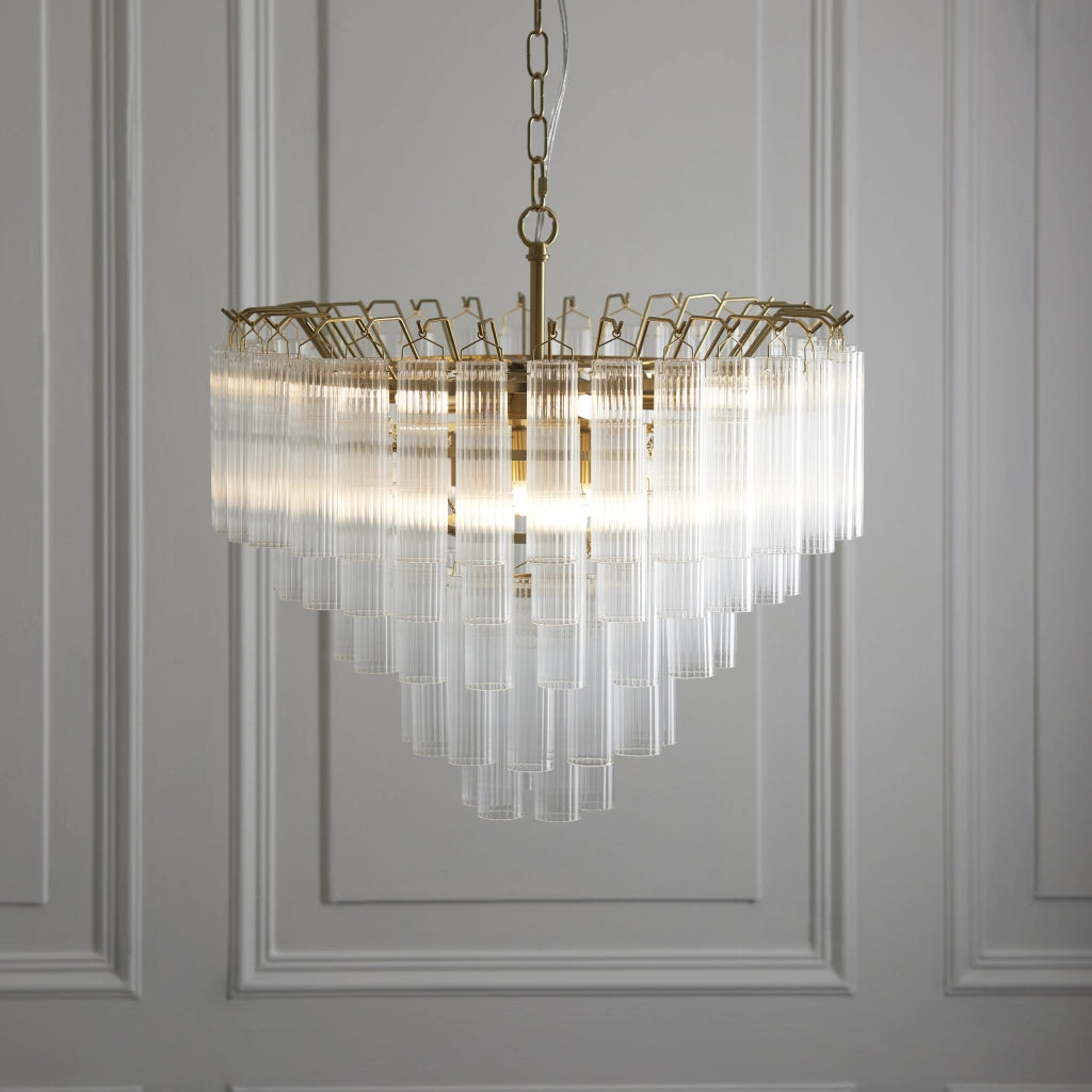 Lampadario TOULOUSE glamour ottone satinato vetro rigato 12xG9