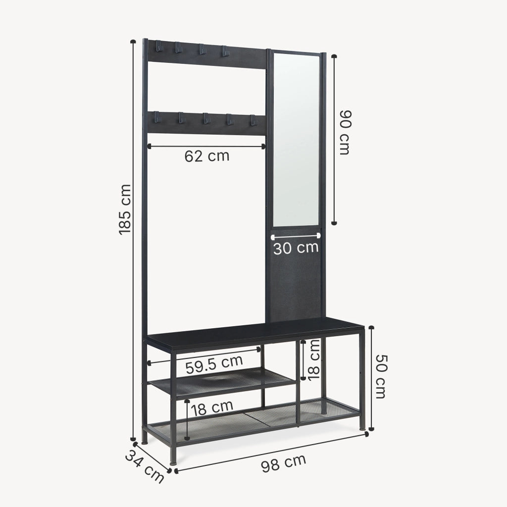 Stand Appendiabiti Napinerg con Specchio Panca e Scarpiera 185 x 98 x 34 cm - Nero [en.casa]