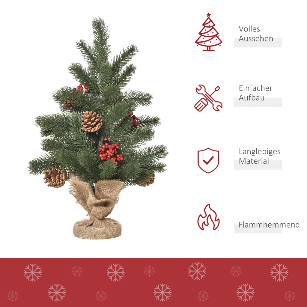 Albero di Natale artificiale in abete da 50 cm con 55 rami, 4 bacche rosse e 4 pigne, base stabile in PE e cemento, ?28 x 50 cm