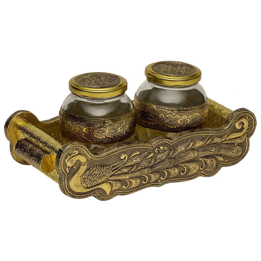 Vassoio in metallo goffrato dorato 21x14x5h