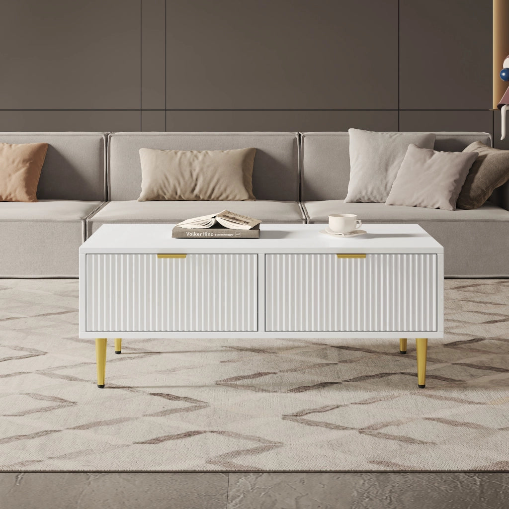 Tavolino basso con 2 cassetti e finitura a strisce verticali per soggiorno in MDF, bianco e oro, 100 × 50 × 40 cm