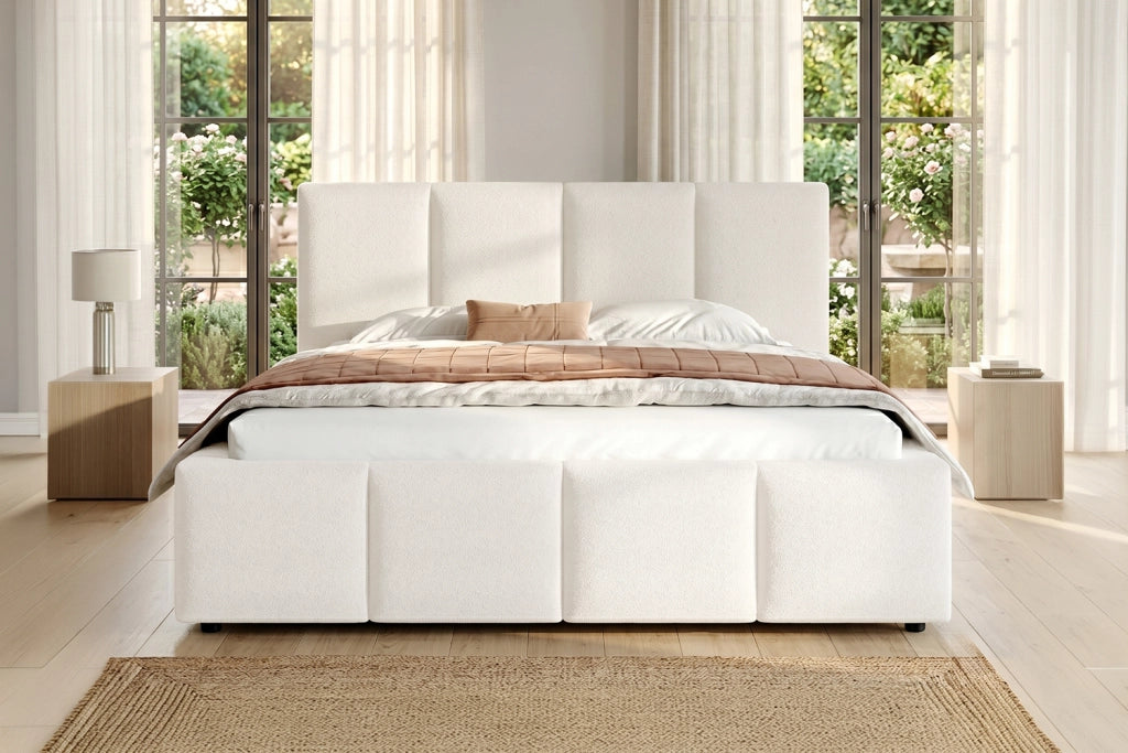 Letto matrimoniale 160x200 cm imbottito in bouclé beige con testiera, rete inclusa, struttura contenuta