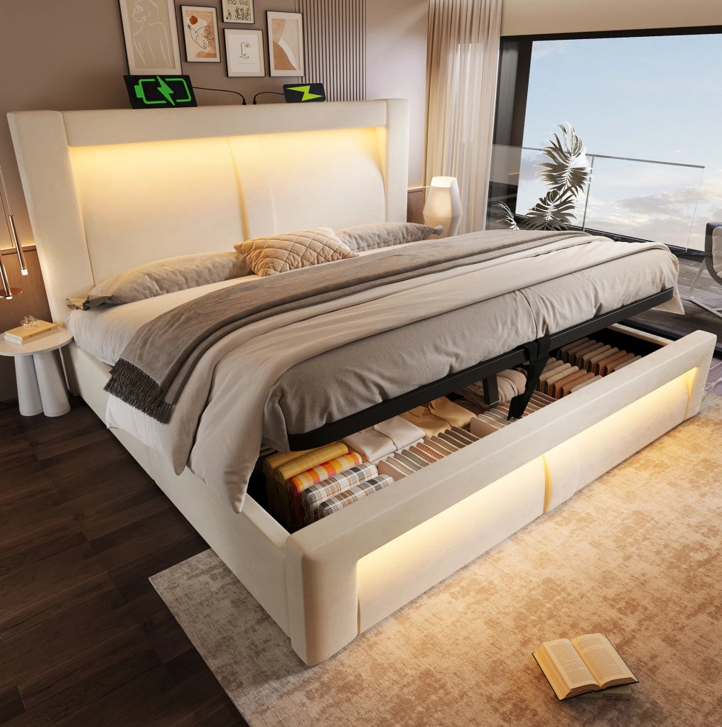 Letto matrimoniale ULEVR 140x200 cm con contenitore idraulico, LED, USB e Type-C, velluto beige