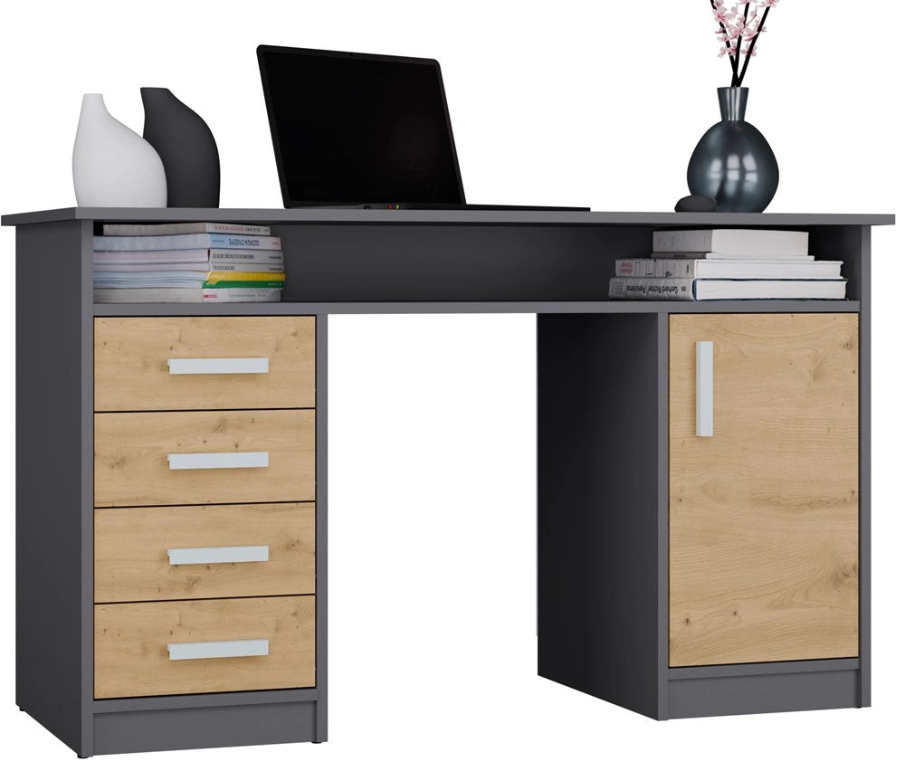 Scrivania ADA antracite rovere artisan 125 cm 4 cassetti mobile con ripiani per ufficio camera e laptop