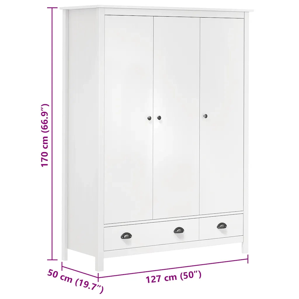 Armadio a 3 Ante Hill Bianco 127x50x170 cm in Legno di Pino