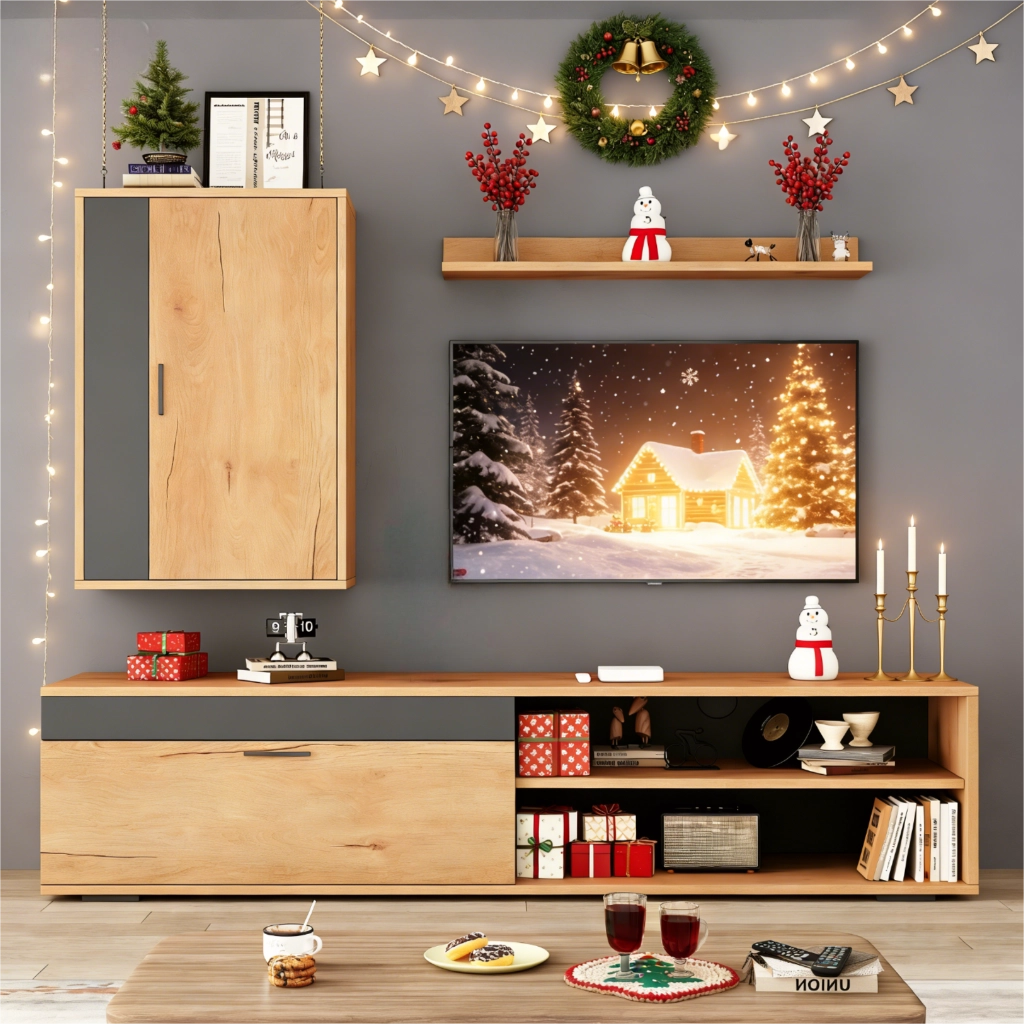 Mobile porta TV con pensile e mensola, 3 pezzi, in truciolato, effetto legno e nero, 140 × 35 × 39 cm
