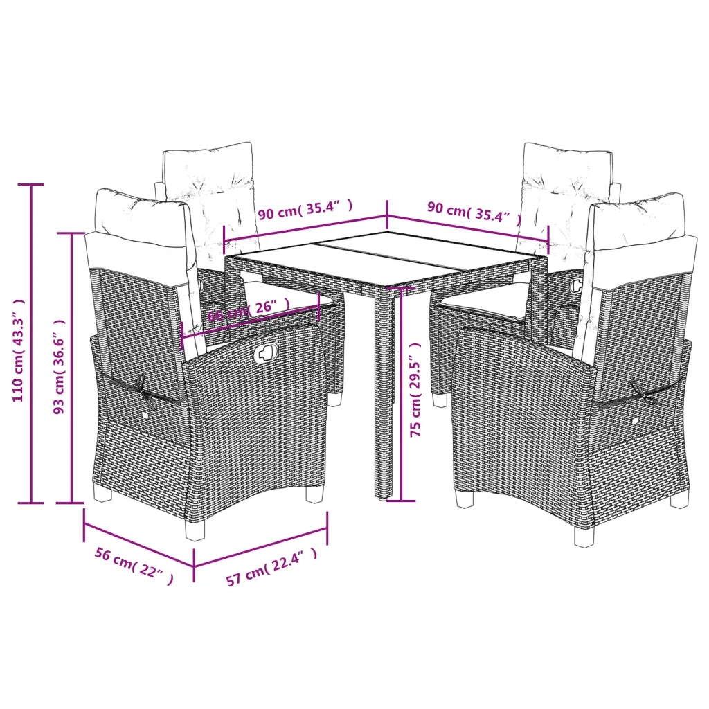 Set da Pranzo da Giardino 5 pz Nero con Cuscini in Polyrattan 3212654
