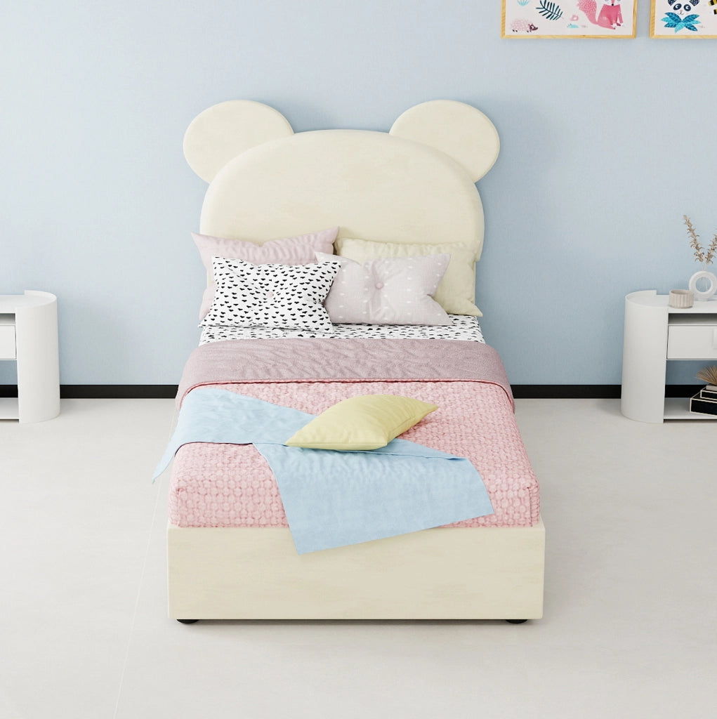 Letto imbottito 90 x 200 cm con vano contenitore a sollevamento pneumatico; beige