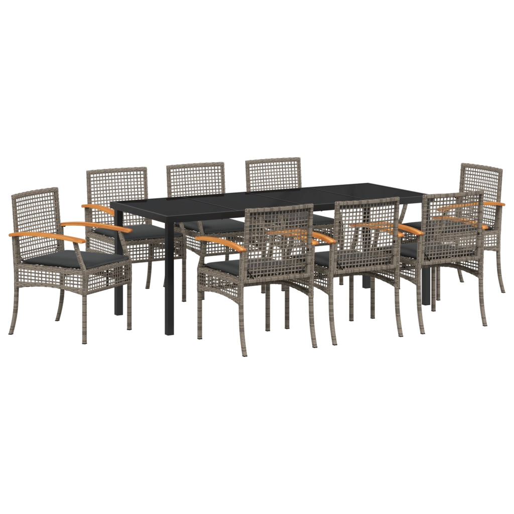 Set da Pranzo da Giardino 9 Pezzi con Cuscini Grigio Polyrattan