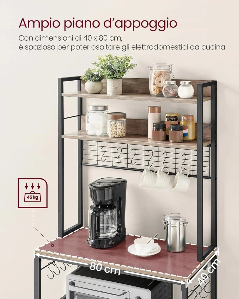 VASAGLE Scaffale Cucina con Multipresa, Scaffale per Microonde, Mobile Cucina, con Pannello a Rete Metallica, 14 Ganci, 40 x 80 x 170 cm, Greige e Nero KKS025B02EU