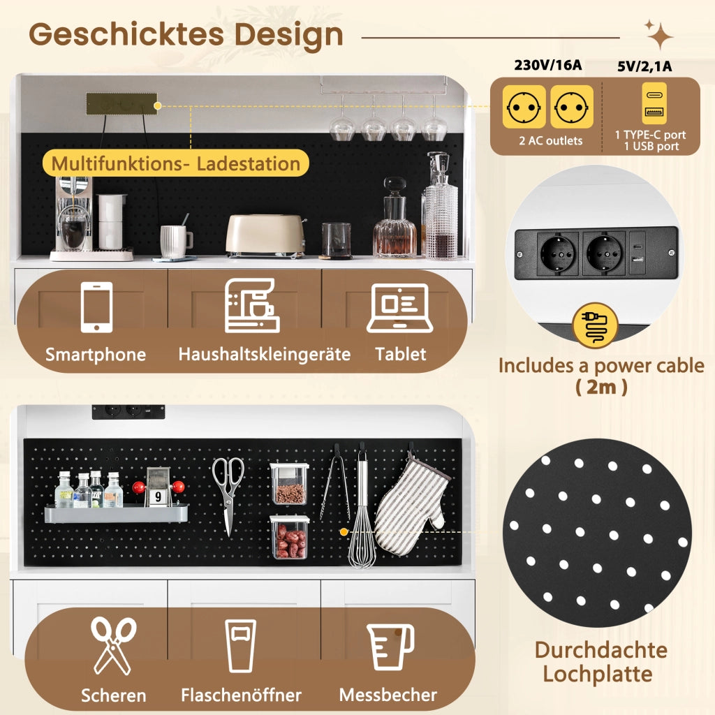 Mobile bar con 3 cassetti, ripiani regolabili, portabicchieri e prese USB, in MDF e PB bianco 120 × 40 × 184 cm
