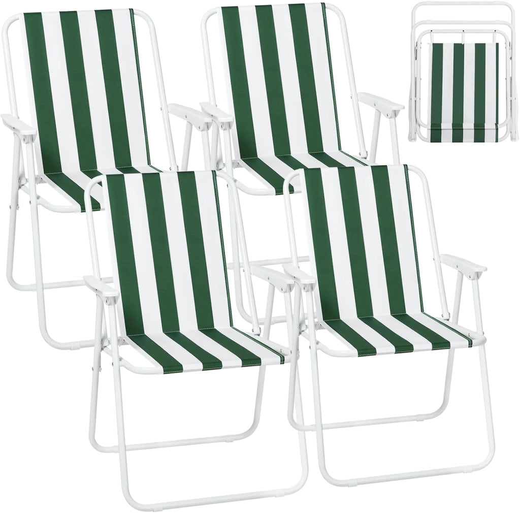 Set di 4 Sedia Pieghevole Portibile, Sedia da Campeggio/Pesca in Oxford, con Braccioli, per Spiaggia, Picnic, Terrazza, Giardino, Bianco+Verde