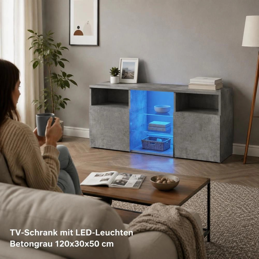 TV Cabinet With LED Lights, Concrete Grey, 120 X 30 X 50 Cm