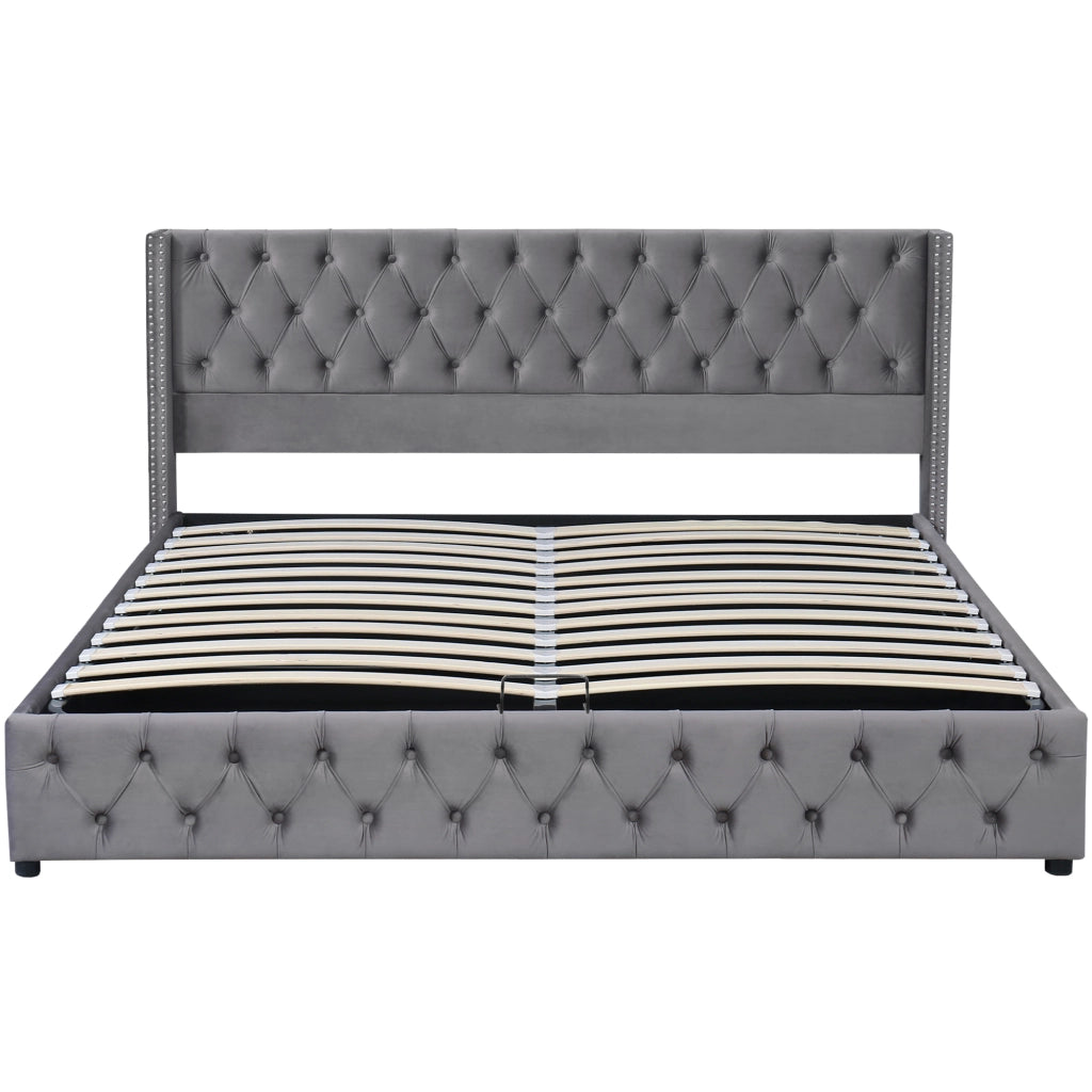 Letti contenitori 160x200 cm con contenitore; stile Chesterfield; velluto grigio (Senza materasso)