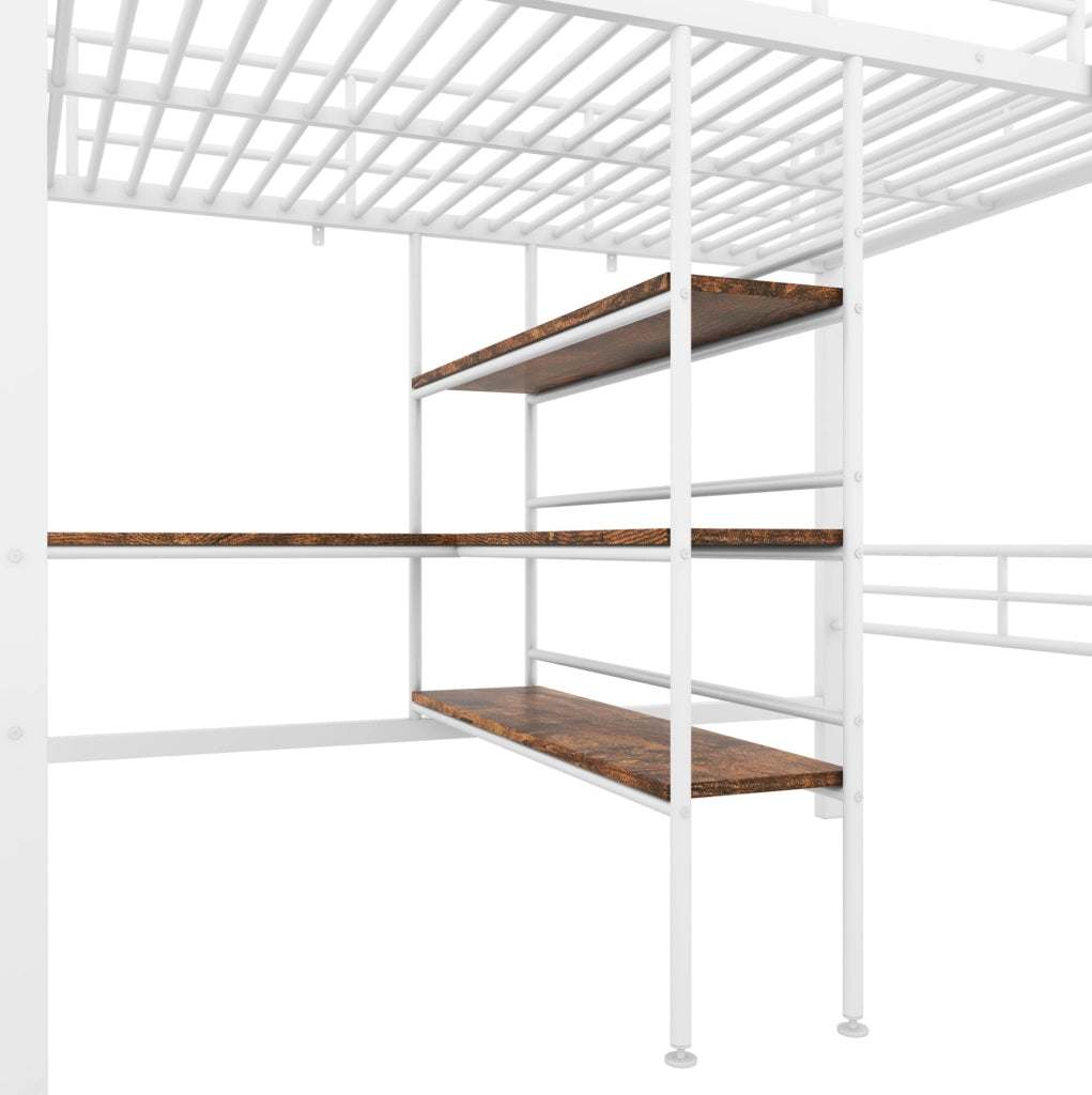 Letto a soppalco 90x200 cm in metallo con scrivania, ripiani e scala, bianco