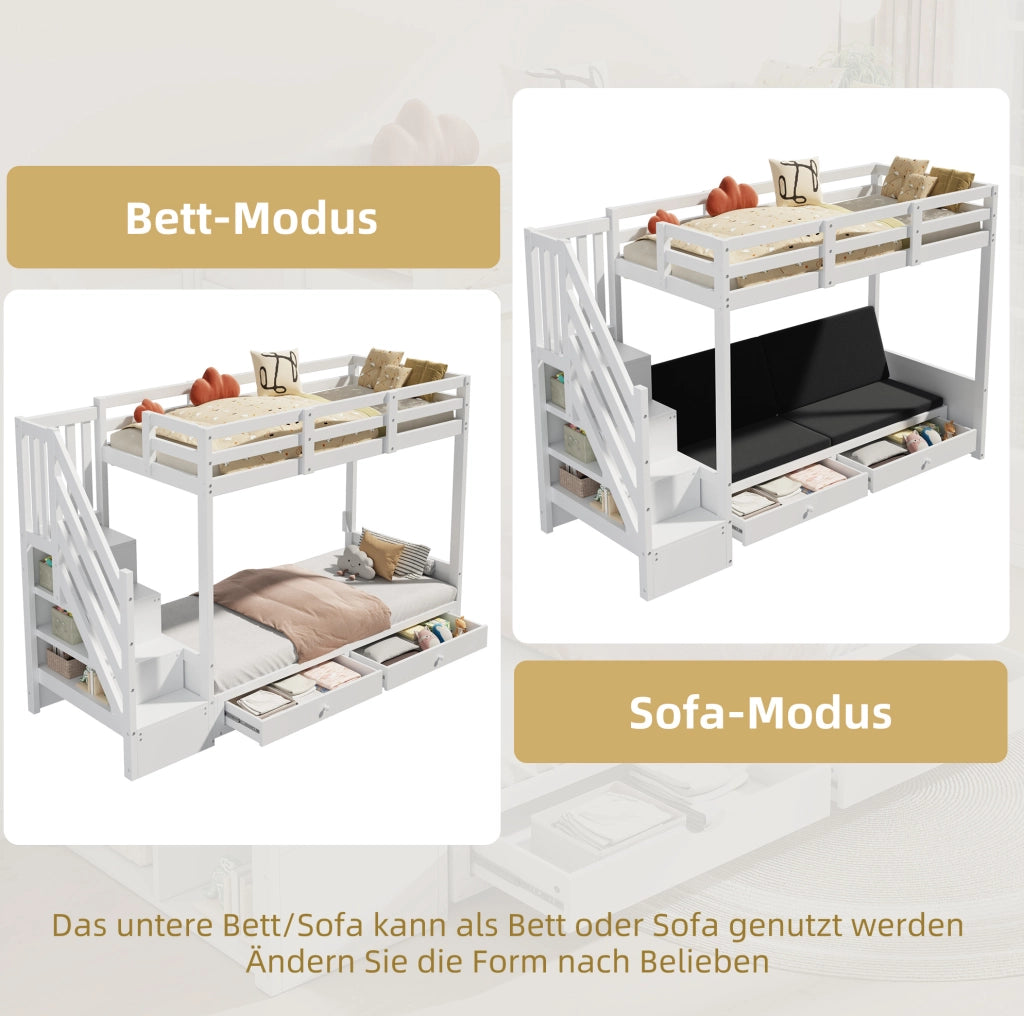 Letto a castello multifunzione 90x200 cm in legno massello e MDF; bianco; con scala contenitore e cassetti