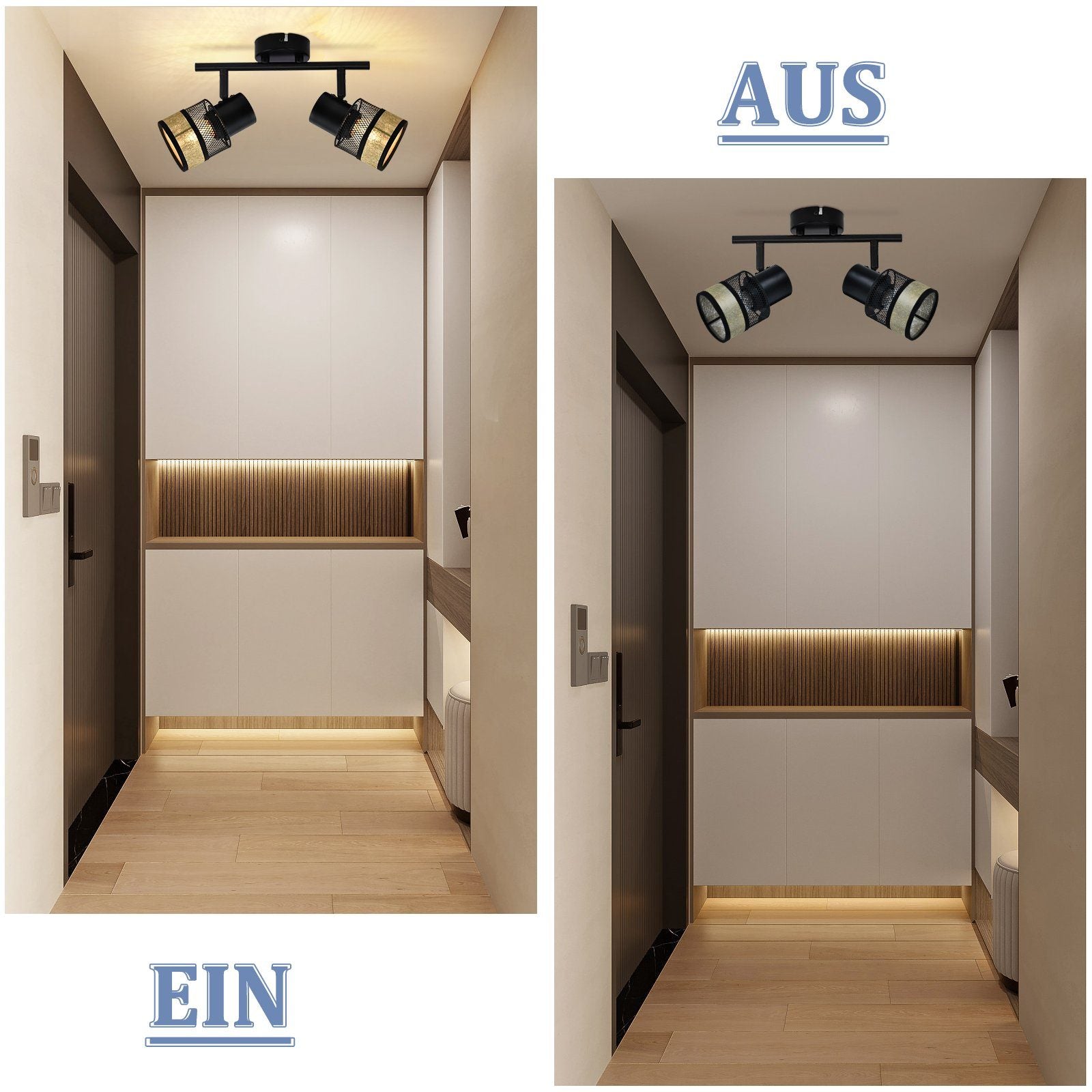 ZMH Faretto da soffitto neri 2 luci E27 metallo retrò 330° paralume tessuto dorato max 25W per corridoio