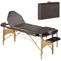 Lettino Massaggio Pieghevole in Legno a 3 Zone con Altezza Regolabile Poggiatesta Braccioli 215x60x64-89 cm Marrone
