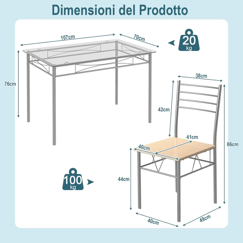 Set Tavolo e Sedie da Pranzo Moderno 5 pezzi, Tavolo Rettangolare da Cucina in Vetro e 4 Sedie con Struttura Metallica Antigraffio, Set di Mobili da Cucina e Sala da Pranzo Salvaspazio