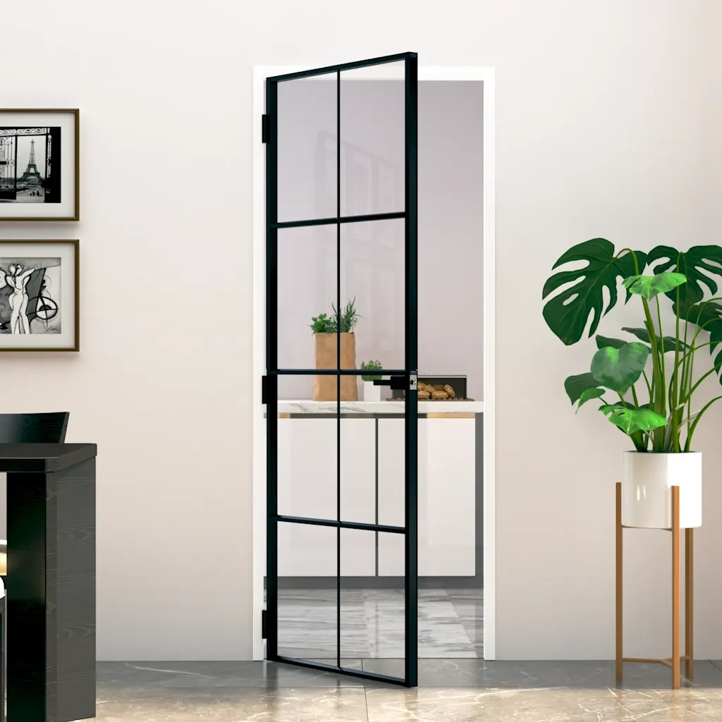 Porta Interna Nera 76x201,5cm Vetro Temperato Alluminio Sottile 153662