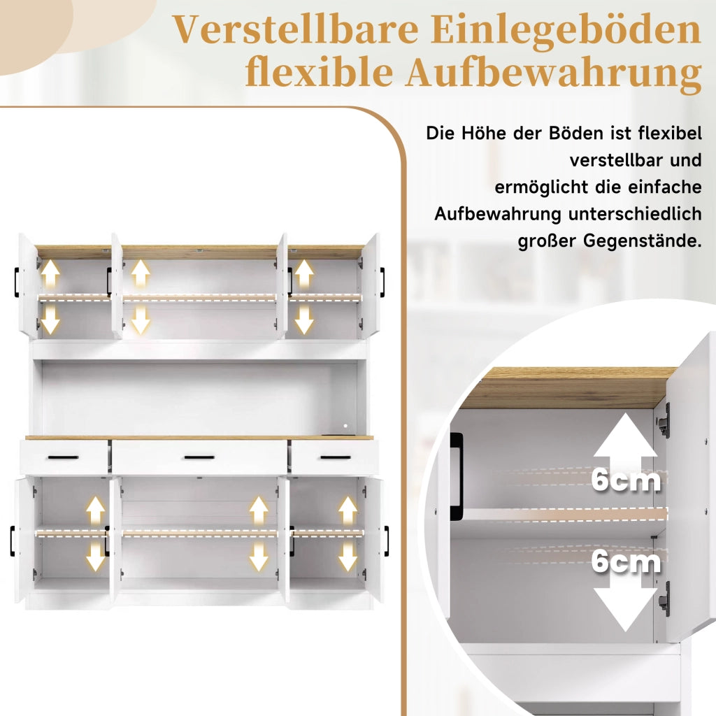 Credenza alta da cucina LED con 2 portabicchieri; ripiani regolabili; prese e USB; bianca; 150 × 40 × 180 cm