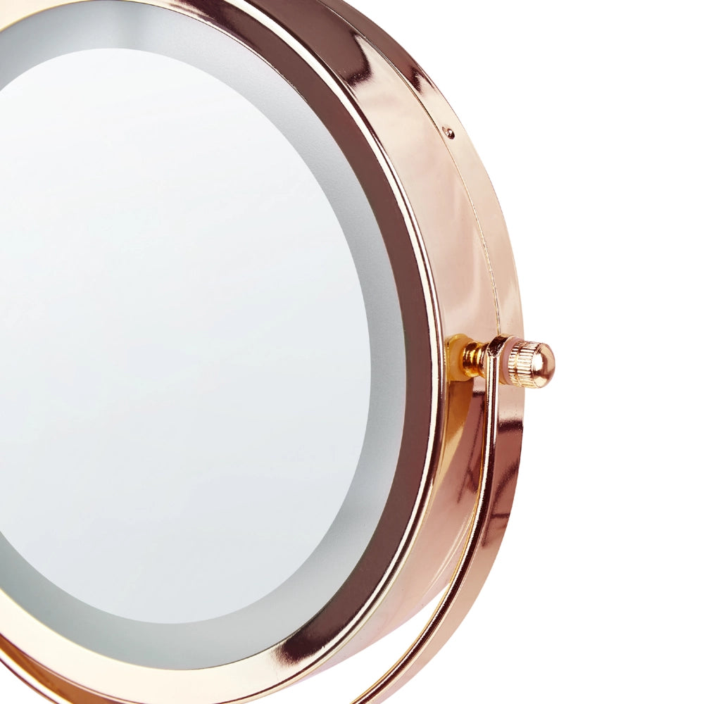 Specchio trucco con luci LED e telaio in ferro Ø 20 cm in color oro rosa e nero moderno