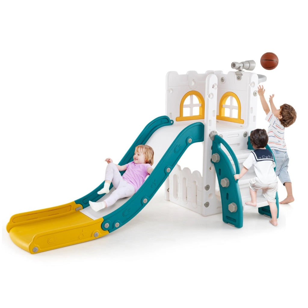 Scivolo per interni con canestro da basket e telescopio con spazio-6 in 1 scivolo toddler a forma di L di archiviazione Verde e bianco