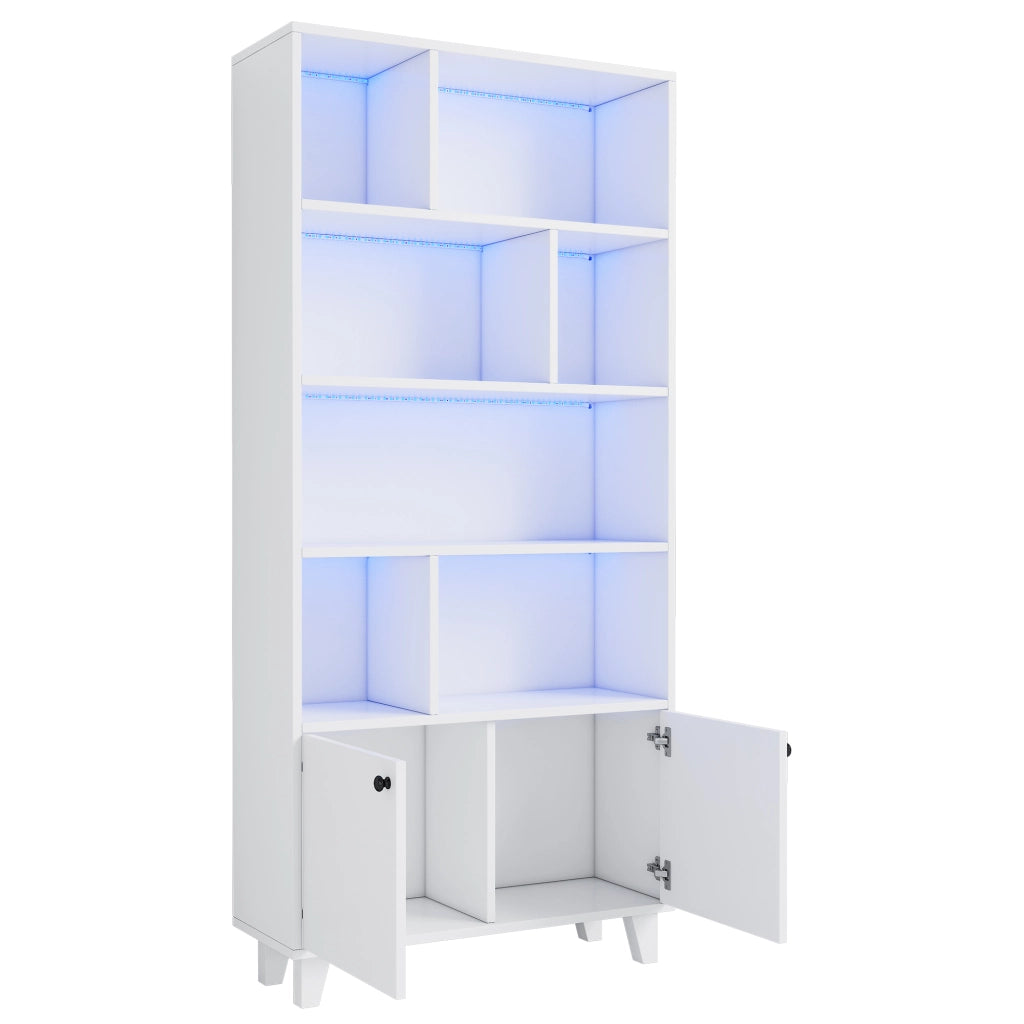 Libreria 80 x 30 x 173 cm con luci LED, 7 scomparti, ante doppie e struttura in MDF con piedi in legno massello