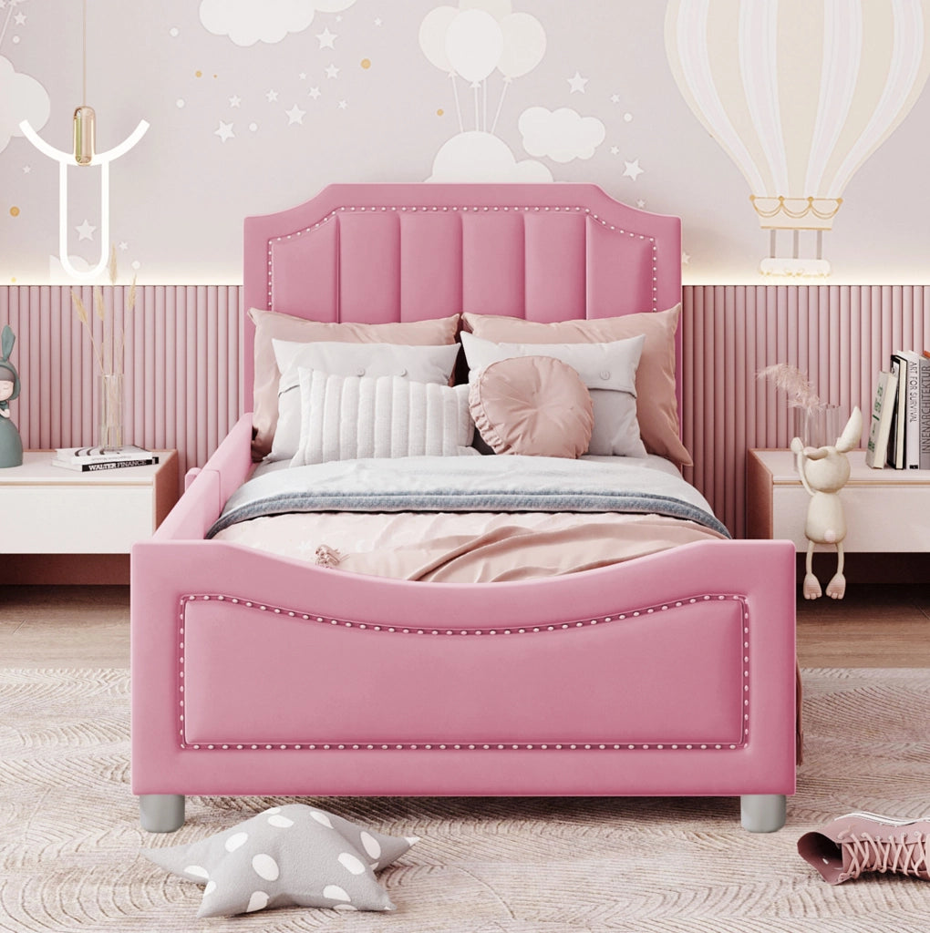 Letto per bambini imbottito 90x200 cm in flanella con schienale e braccioli, letto multifunzionale rosa