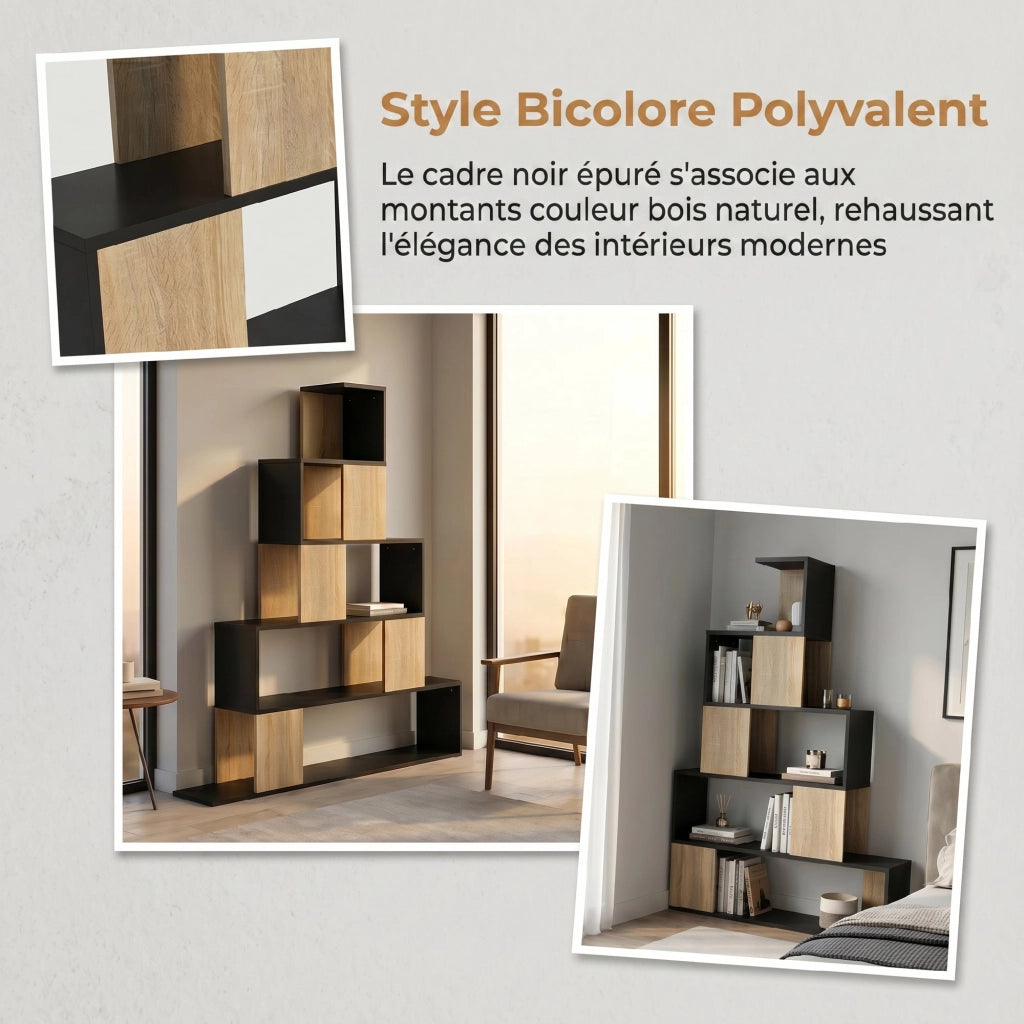Libreria geometrica 5 livelli ¨C Xylo ¨C legno naturale e nero, scaffale per soggiorno ufficio camera