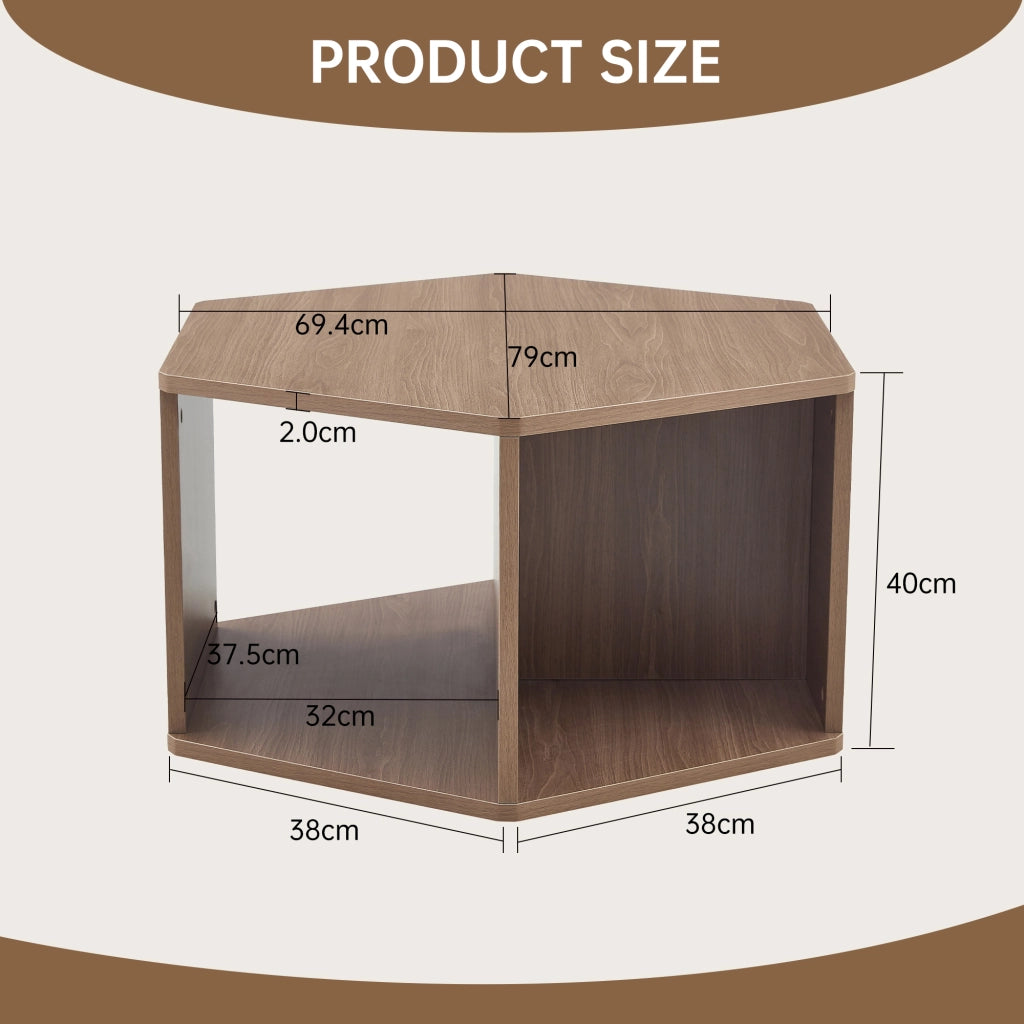 Tavolino da caffè esagonale con montaggio rapido - per soggiorno - 79x69.4x40 cm - in MDF - marrone