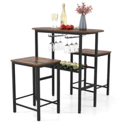 Tavolo da pranzo ovale e 2 sgabelli con portabottiglie arredamento per cucina, Set da tavolo alto a 3 pezzi portabicchieri da vino Marrone