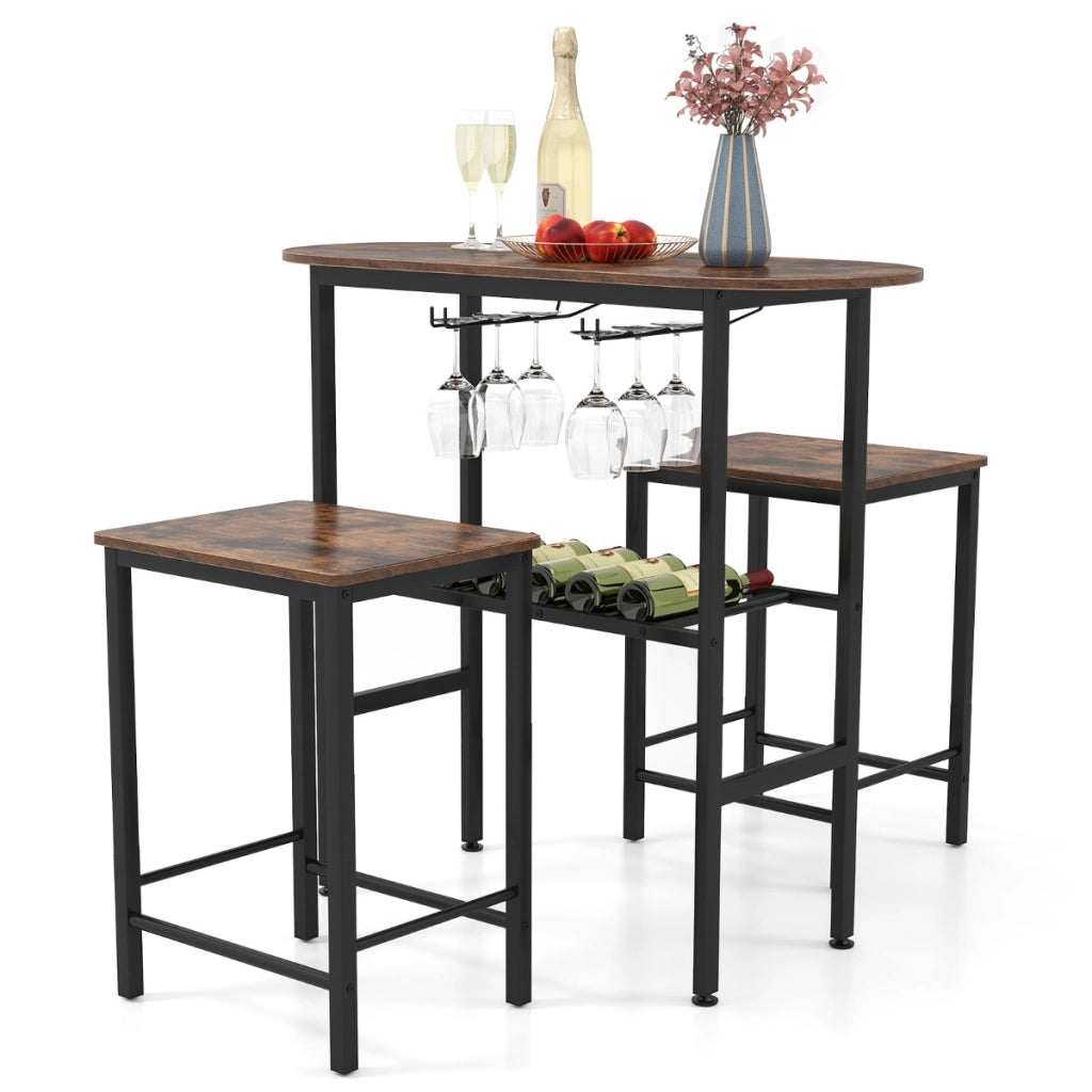 Tavolo da pranzo ovale e 2 sgabelli con portabottiglie arredamento per cucina, Set da tavolo alto a 3 pezzi portabicchieri da vino Marrone