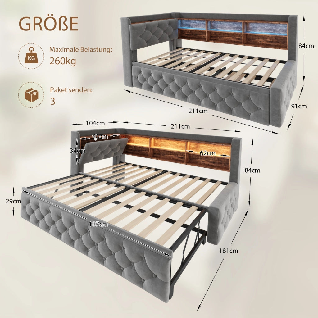 DIVANO LETTO Estraibile 90x190 cm Velluto Grigio Scuro con LED, USB e Type-C