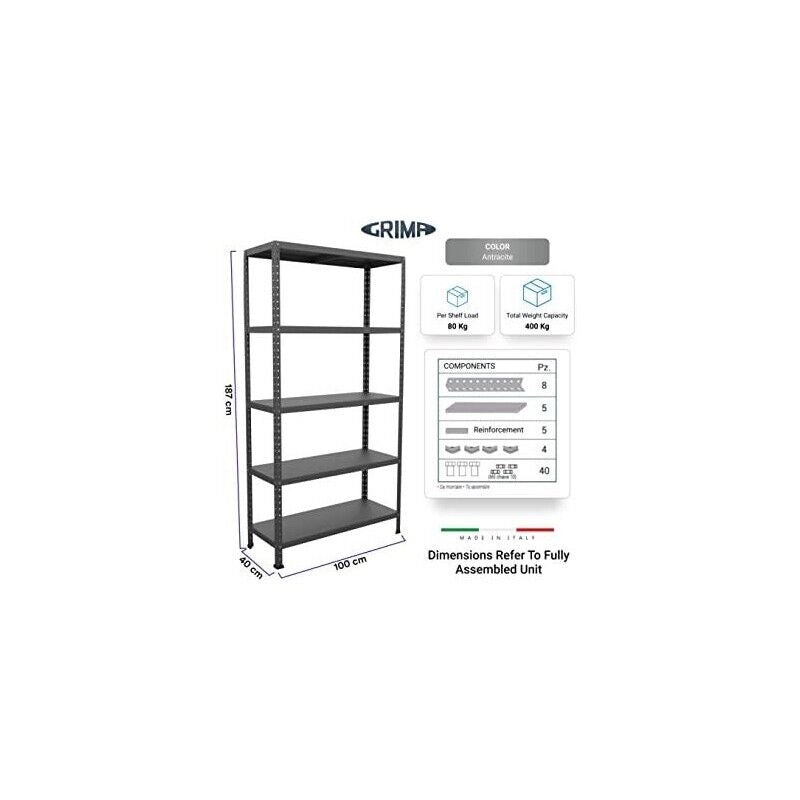 SCAFFALE IN METALLO ANTRACITE ETTORE KIT BULLONI 100 X 40 X H187CM CON 5 RIPIANI