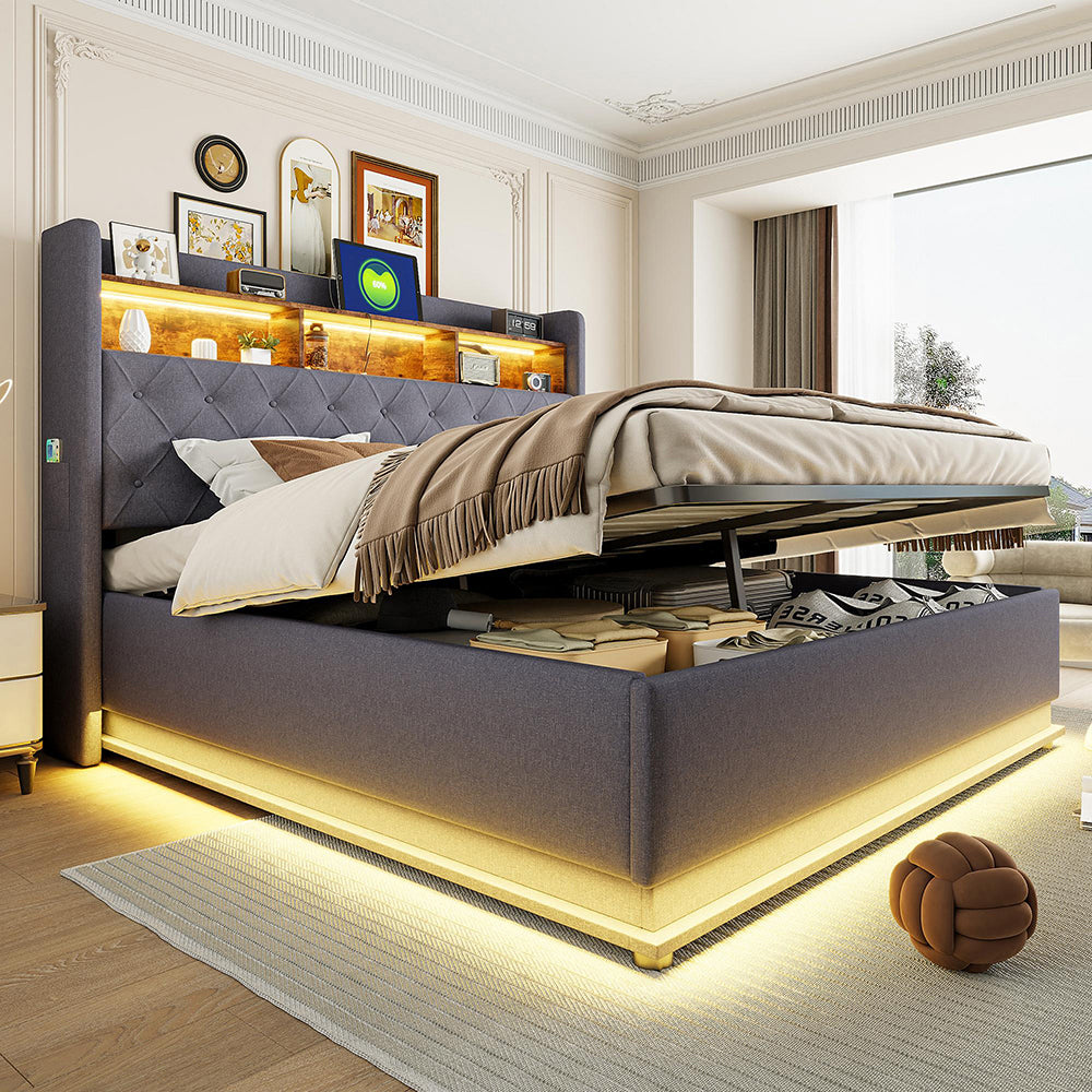 Letto matrimoniale-Xylo-180x200 cm-LED, USB, idraulico, lino, grigio