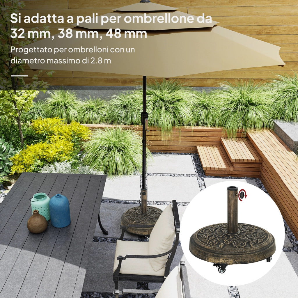 Base per Ombrellone Rotonda in Resina da 21 kg con Ruote e Freni, Bronzo