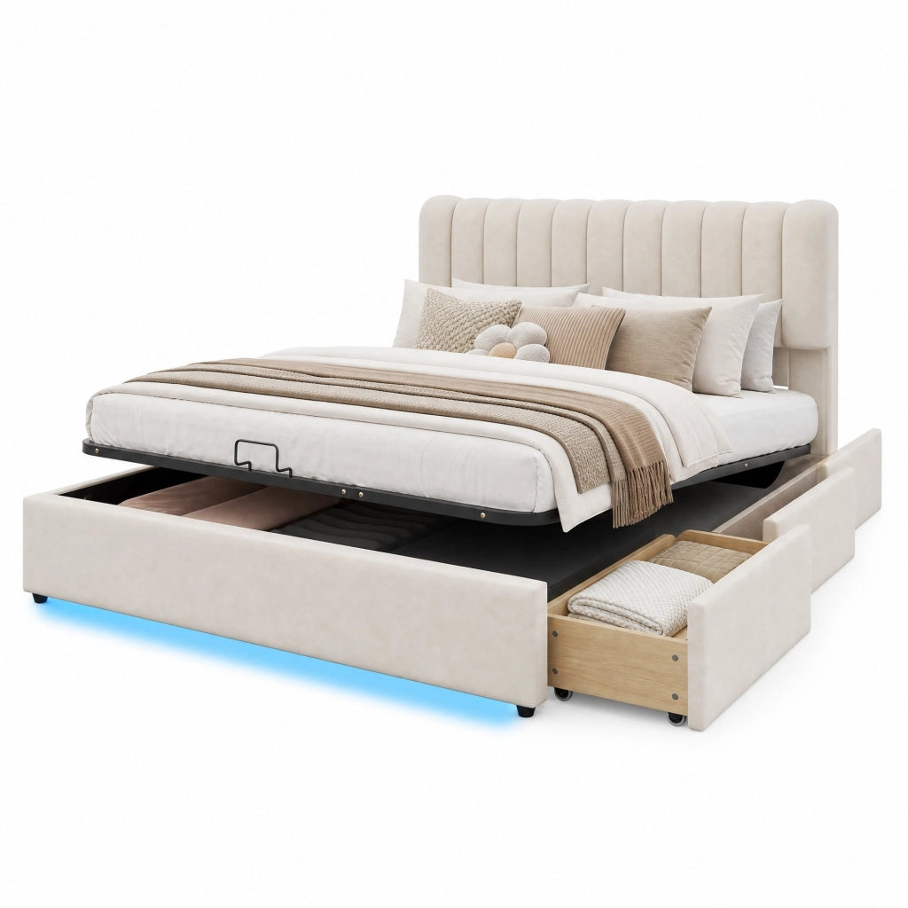 Letto con Cassetti 140x200 cm con Contenitore; 3 Cassetti e LED - in Velluto - Beige